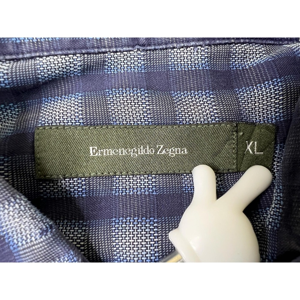 Ermenegildo Zegna Shirt Mens XL Blue Check Plaid Button Front Long Sleeve - Picture 4 of 9